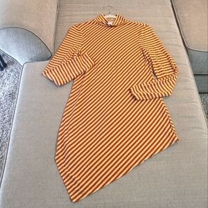 Chico's Brown Tan Striped Fitted Asymmetrical Casual Boho Dress Size Small/0